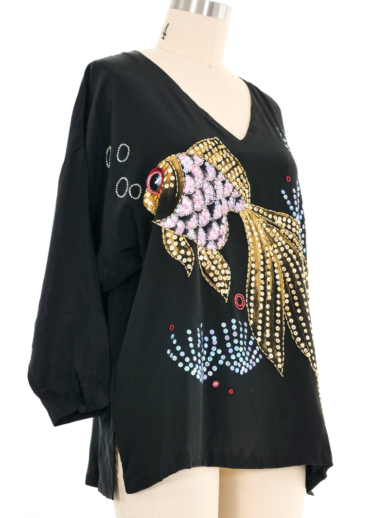Black Embellished Painted Fish Silk Top Top arcadeshops.com