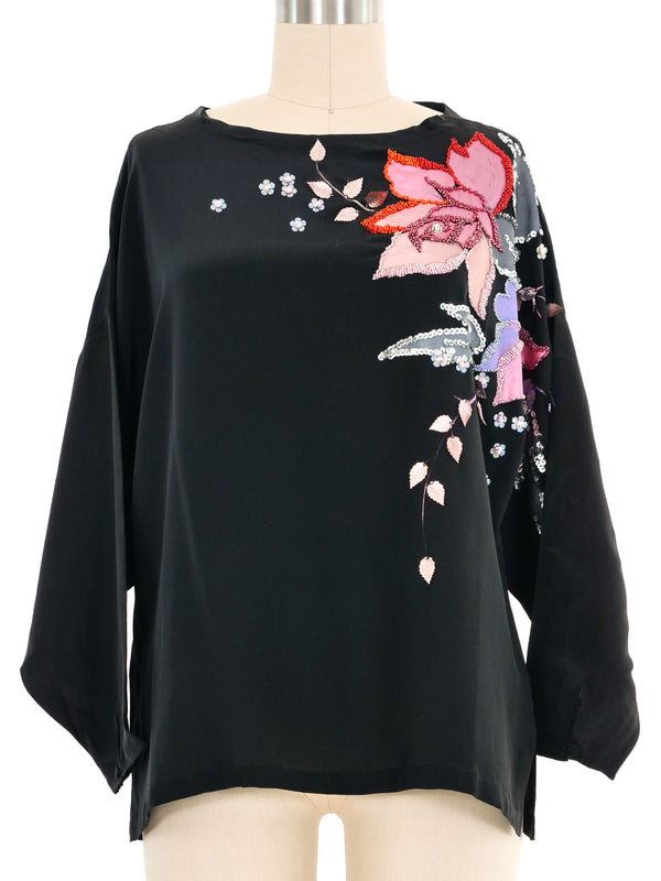 Black Embellished Painted Floral Silk Top Top arcadeshops.com