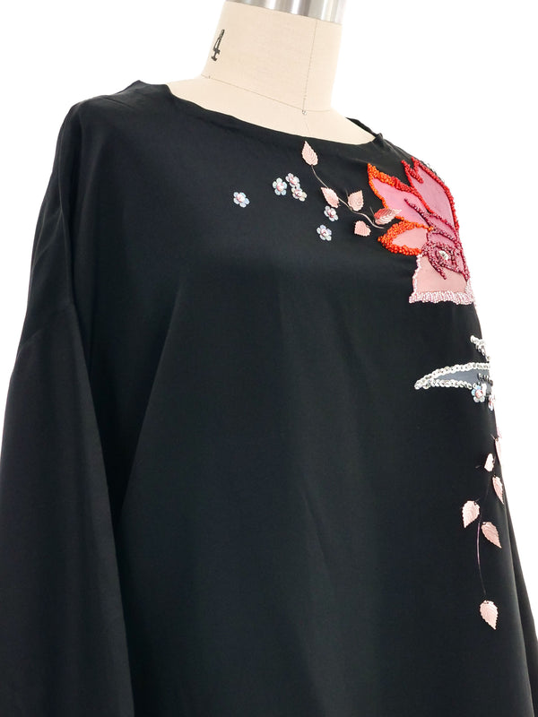 Black Embellished Painted Floral Silk Top Top arcadeshops.com