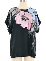 Black Embellished Floral Silk Short Sleeve Top Top arcadeshops.com