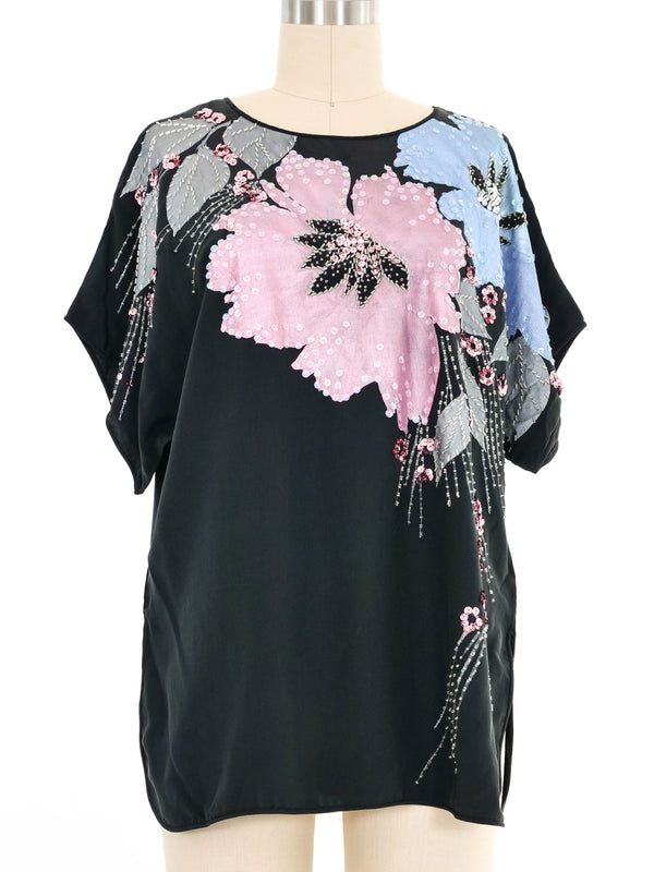 Black Embellished Floral Silk Short Sleeve Top Top arcadeshops.com