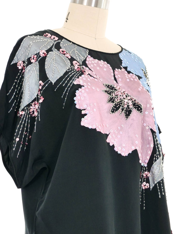 Black Embellished Floral Silk Short Sleeve Top Top arcadeshops.com