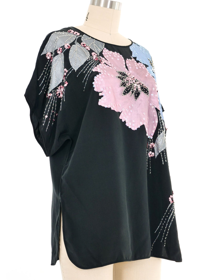 Black Embellished Floral Silk Short Sleeve Top Top arcadeshops.com