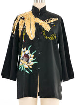 Black Embellished Painted Silk Blouse Top arcadeshops.com