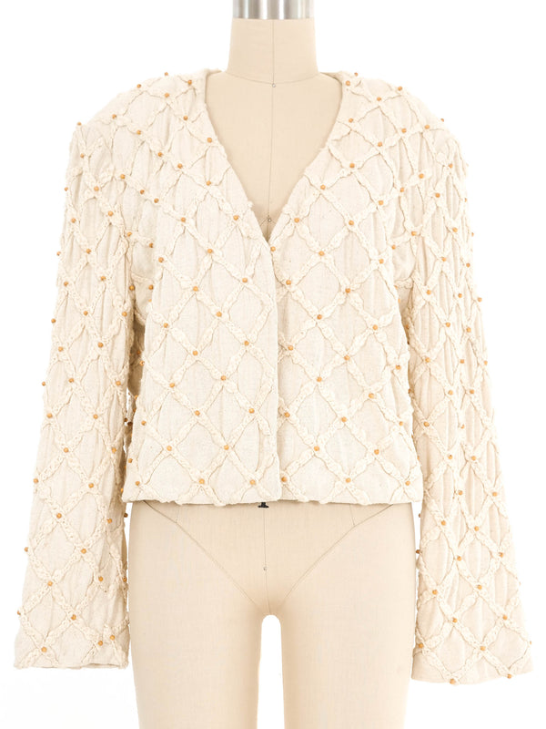 Cream Cropped Lattice Crochet Jacket Jacket arcadeshops.com