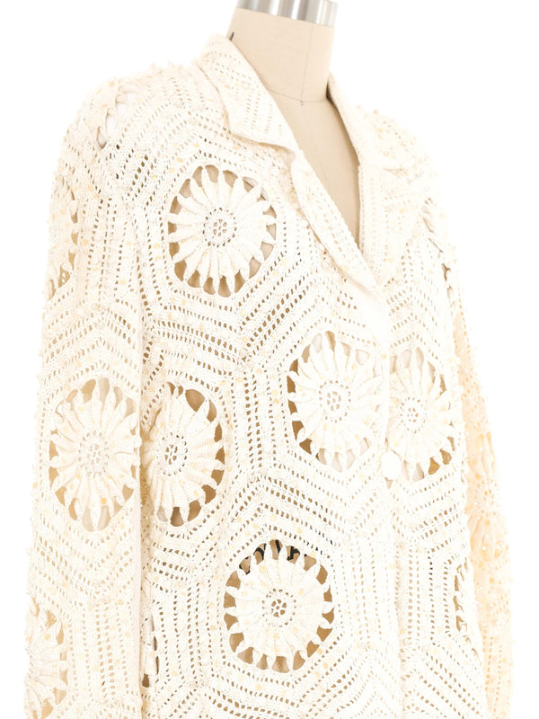 Cream Embellished Crochet Blazer Jacket arcadeshops.com