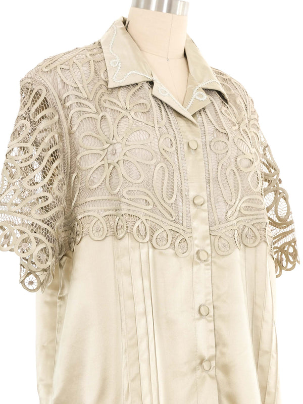 Champagne Satin Crochet Overlay Blouse Top arcadeshops.com