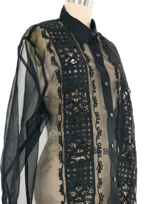 Black Embroidered Organza Blouse Top arcadeshops.com