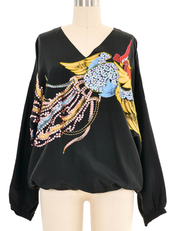 Black Embellished Painted Bird Silk Tunic Top arcadeshops.com