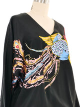 Black Embellished Painted Bird Silk Tunic Top arcadeshops.com