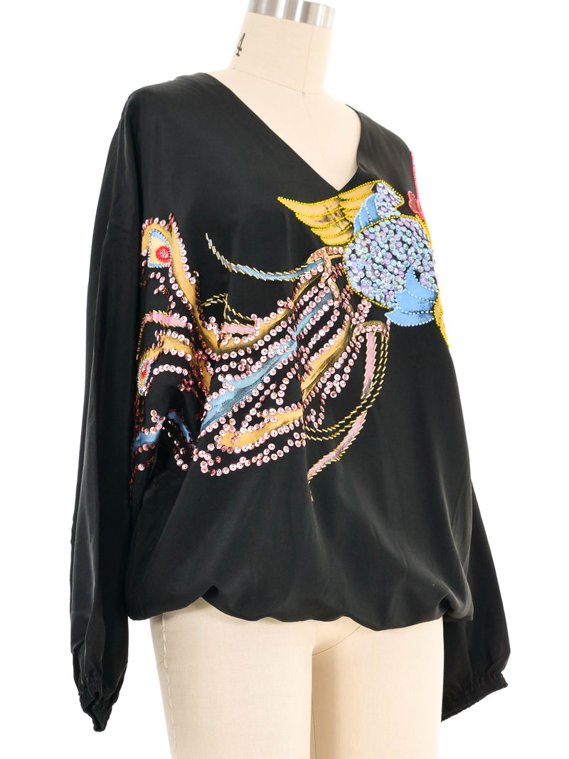 Black Embellished Painted Bird Silk Tunic Top arcadeshops.com