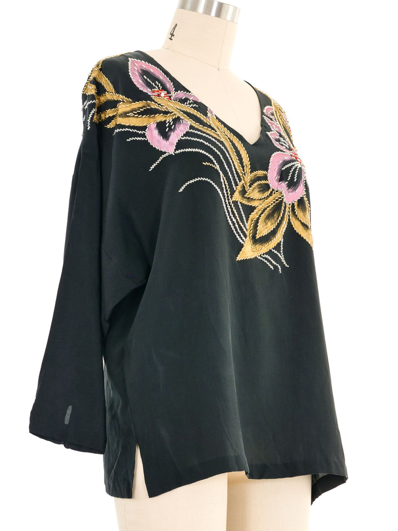 Black Painted Floral Silk Top Top arcadeshops.com