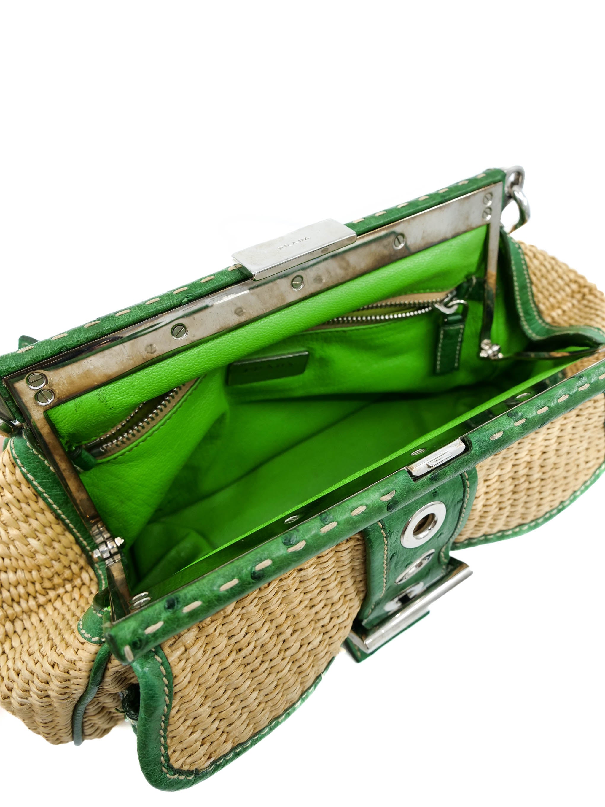 Prada Paglia Woven Ostrich Leather Trimmed Bag