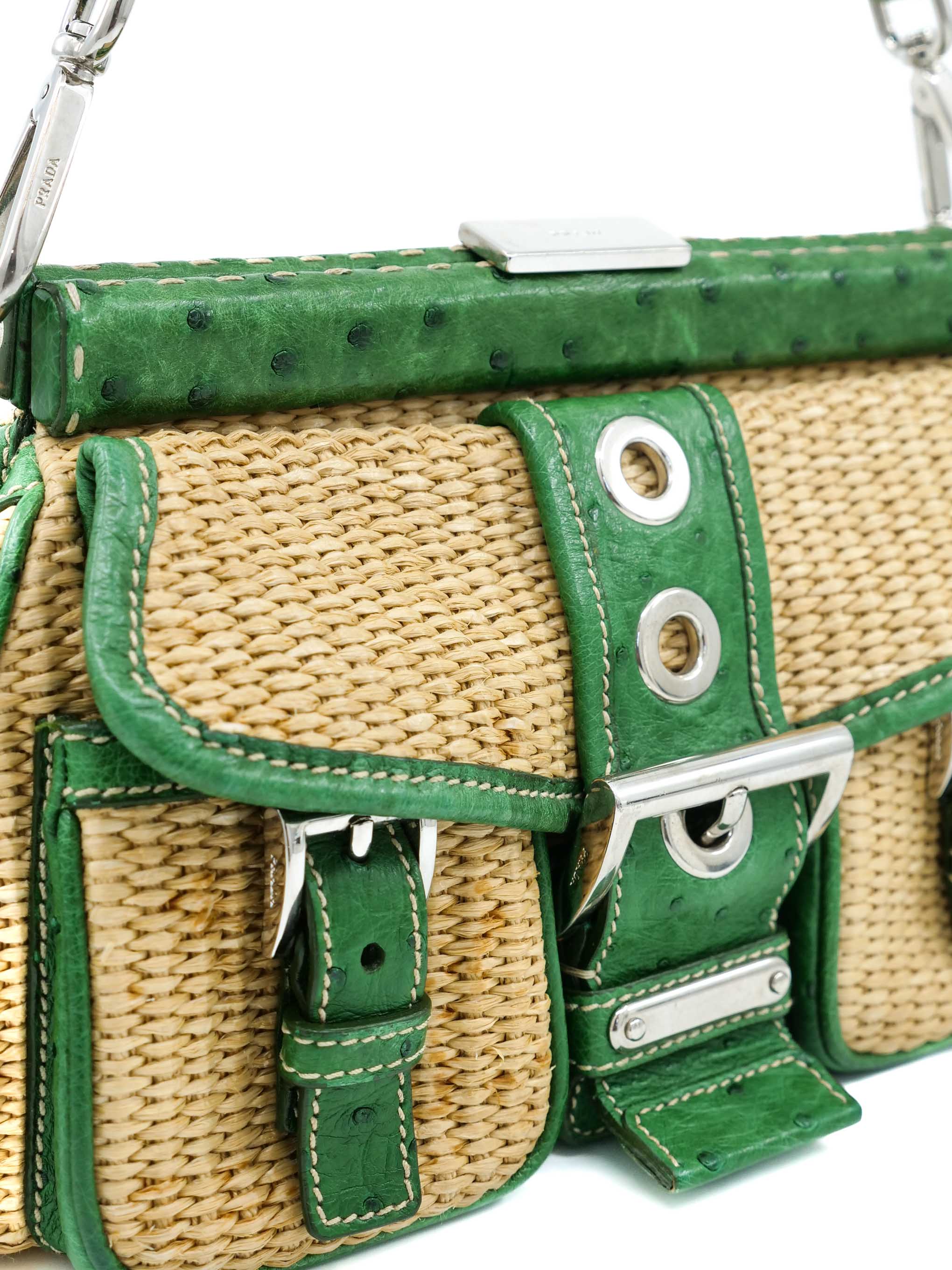 Prada Paglia Woven Ostrich Leather Trimmed Bag