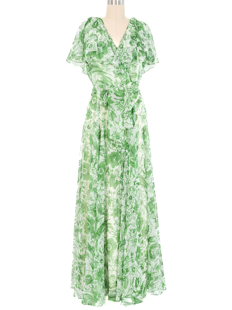 1970s Adele Simpson Floral Chiffon Flutter Gown Dress arcadeshops.com