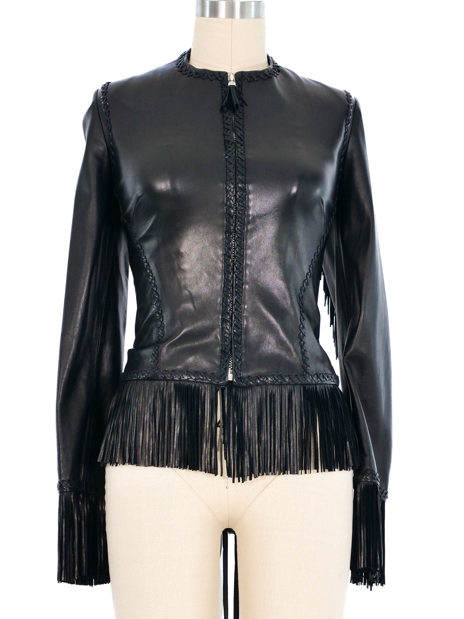 2002 Gianni Versace Fringe Trimmed Lace Up Leather Jacket