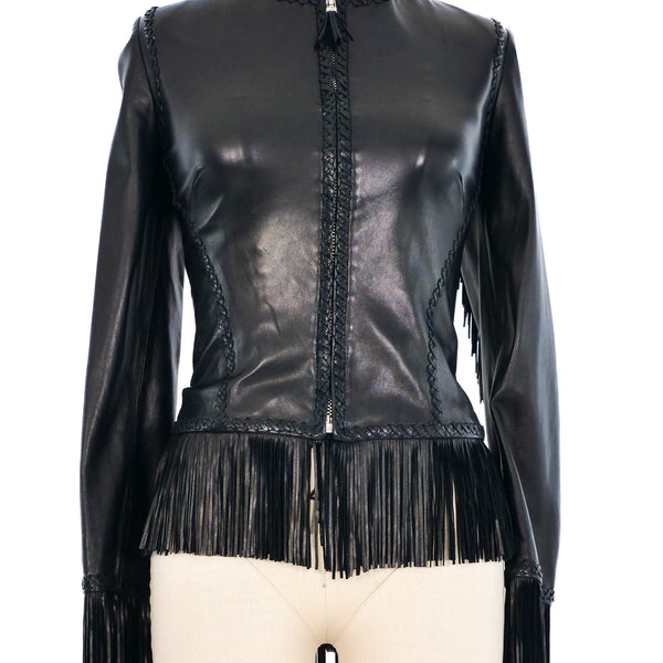 2002 Gianni Versace Fringe Trimmed Lace Up Leather Jacket