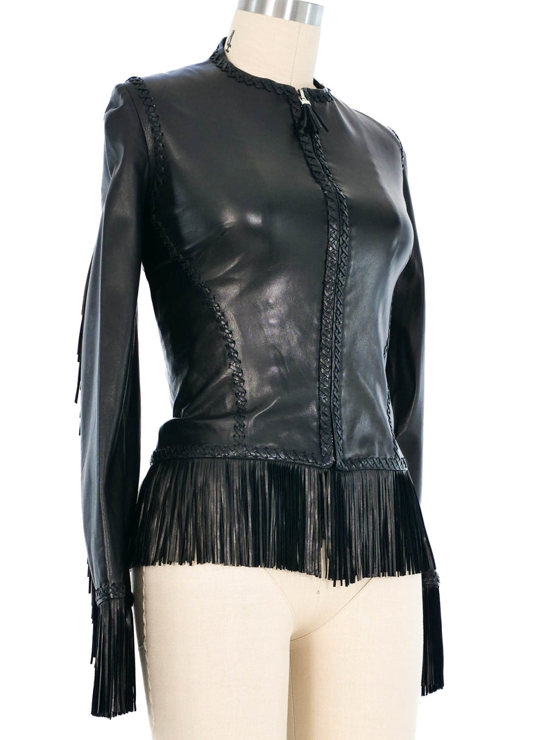 2002 Gianni Versace Fringe Trimmed Lace Up Leather Jacket Jacket arcadeshops.com