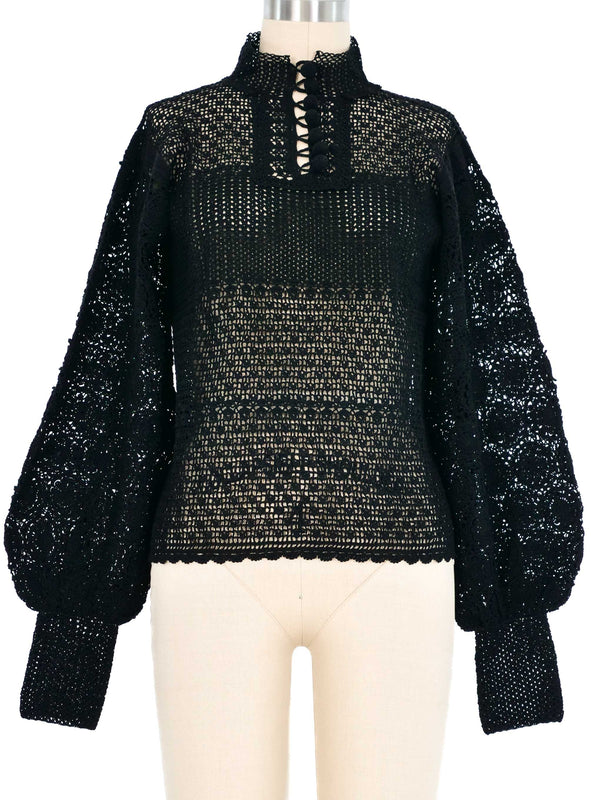 Black Balloon Sleeve Crochet Sweater Top arcadeshops.com