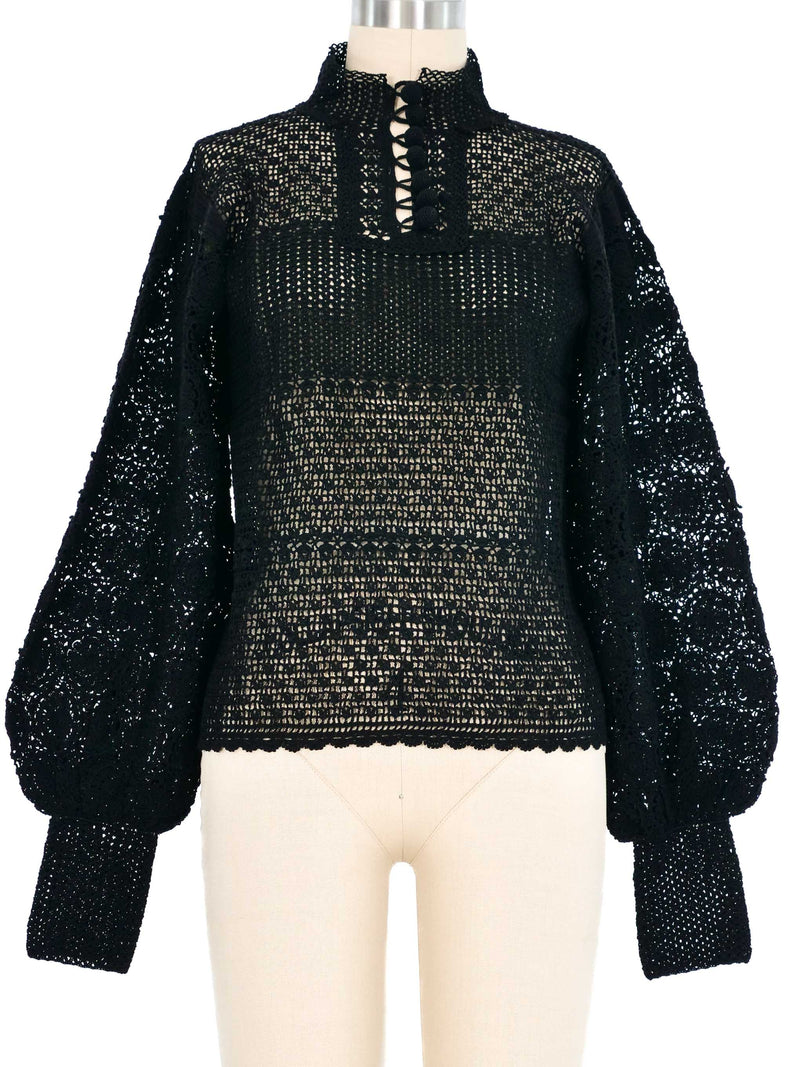 Black Balloon Sleeve Crochet Sweater Top arcadeshops.com