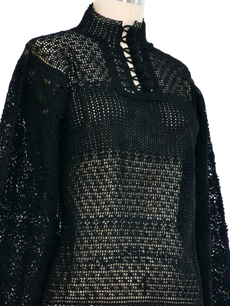 Black Balloon Sleeve Crochet Sweater Top arcadeshops.com