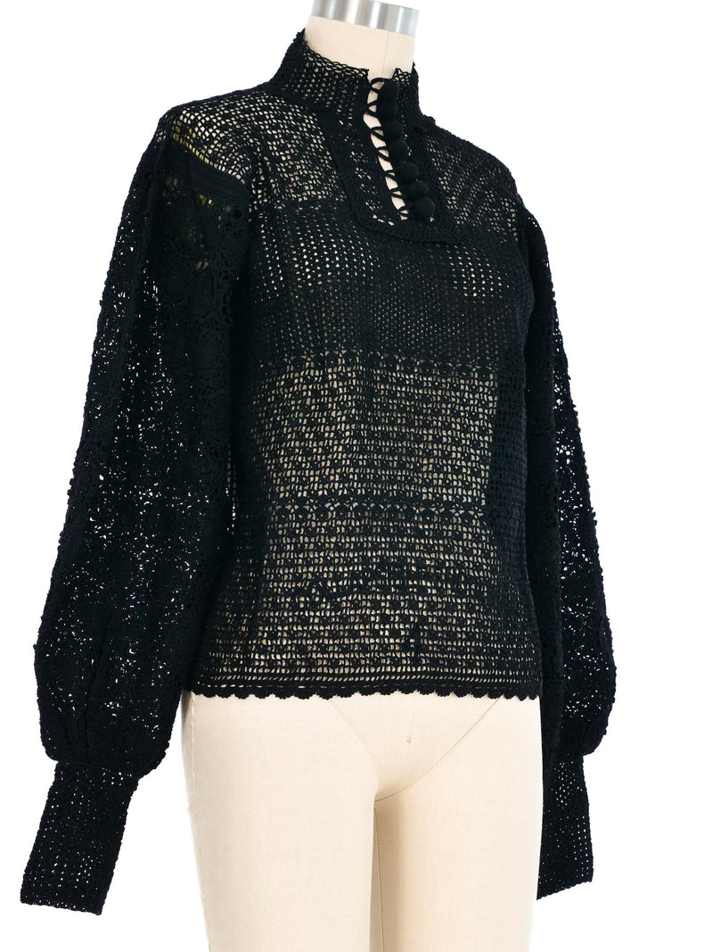 Black Balloon Sleeve Crochet Sweater Top arcadeshops.com