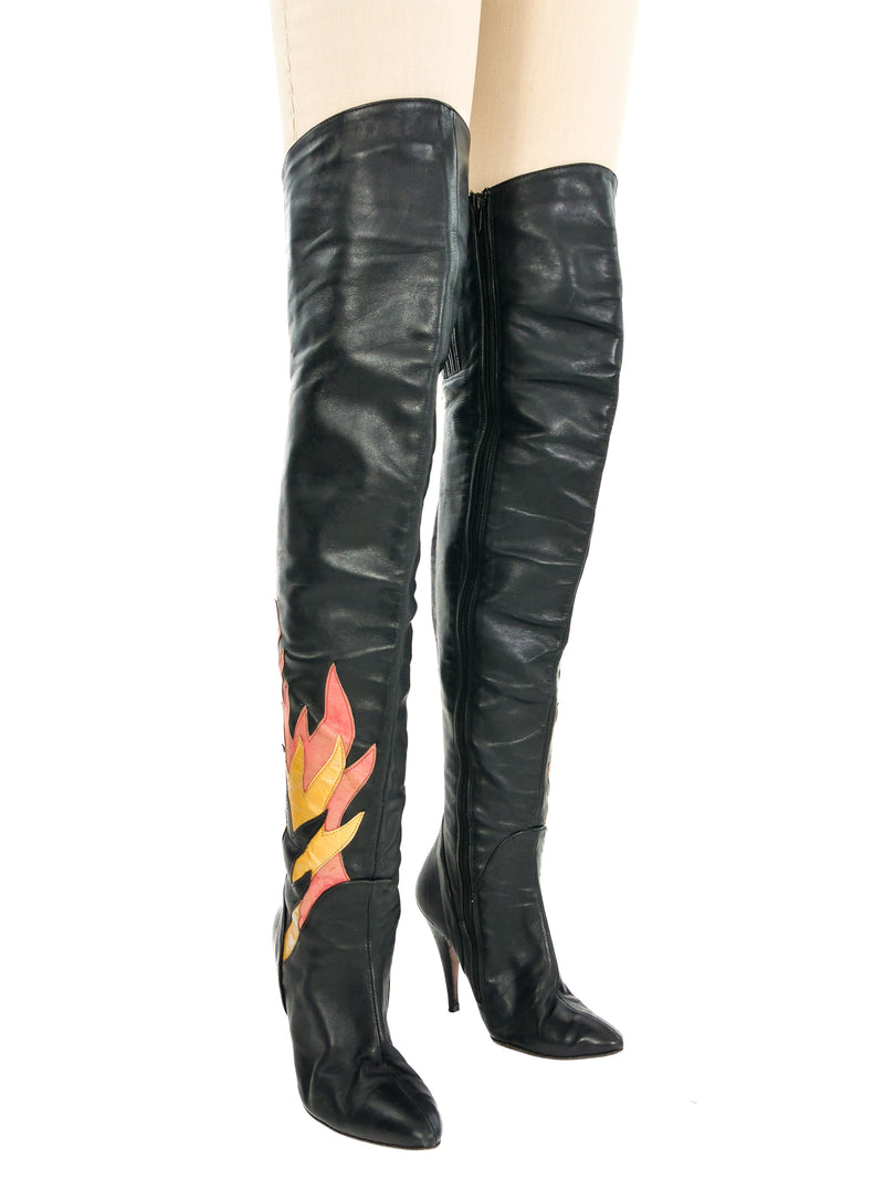 Flame Applique Thigh High Leather Boots, 38 Accessory arcadeshops.com