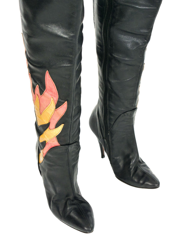 Flame Applique Thigh High Leather Boots, 38 Accessory arcadeshops.com