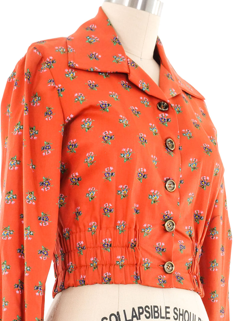 1970s Burnt Orange Cropped Floral Blouse Top arcadeshops.com