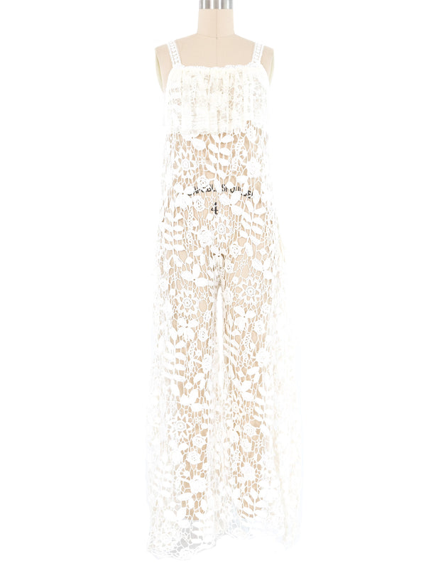 White Floral Crochet Lace Ruffle Jumpsuit Jumpsuit arcadeshops.com