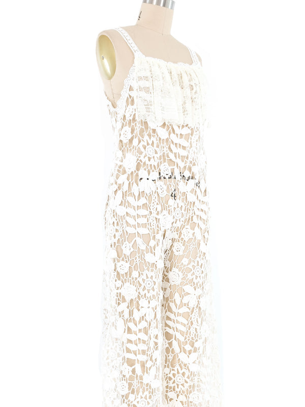 White Floral Crochet Lace Ruffle Jumpsuit Jumpsuit arcadeshops.com