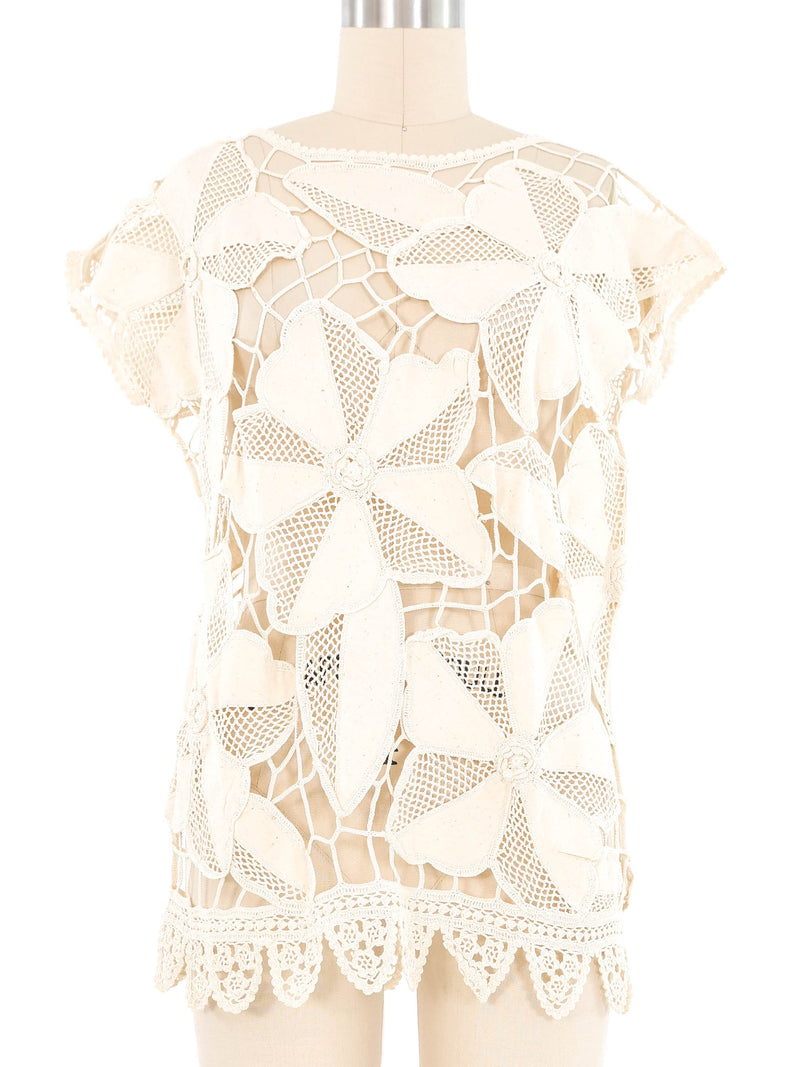 Ivory Patchwork Cotton Crochet Top Top arcadeshops.com