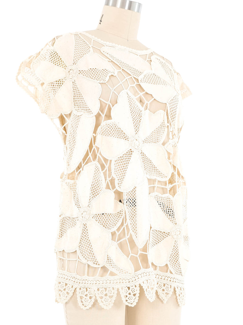 Ivory Patchwork Cotton Crochet Top Top arcadeshops.com