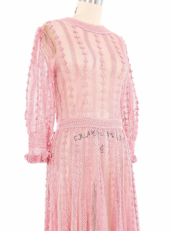 Pink Long Sleeve Crochet Midi Dress Dress arcadeshops.com