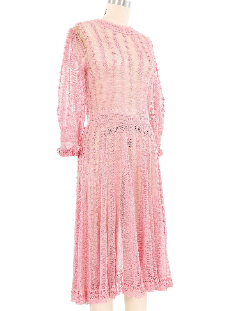 Pink Long Sleeve Crochet Midi Dress Dress arcadeshops.com