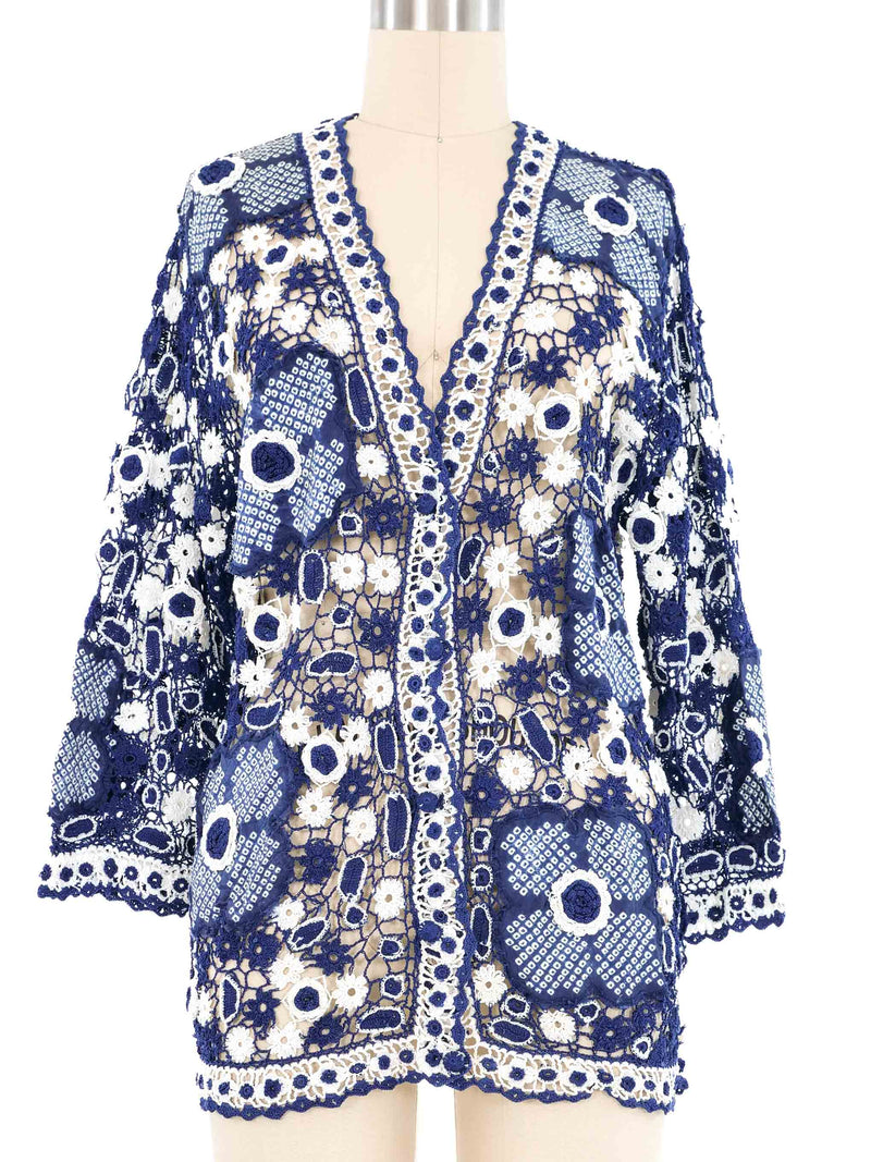 Blue Shibori Applique Crochet Cardigan Jacket arcadeshops.com