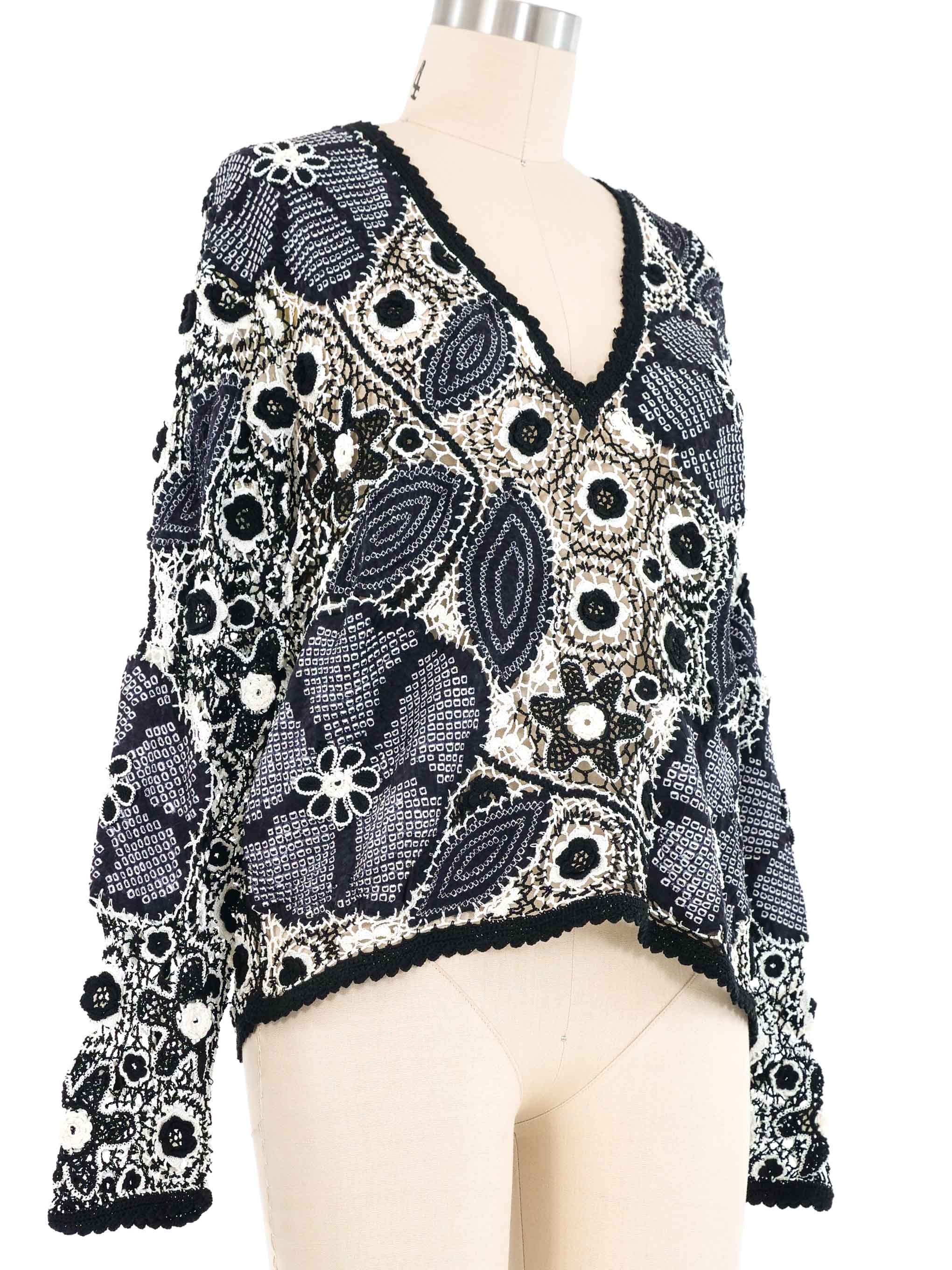 Black and White Shibori Applique Floral Crochet Top