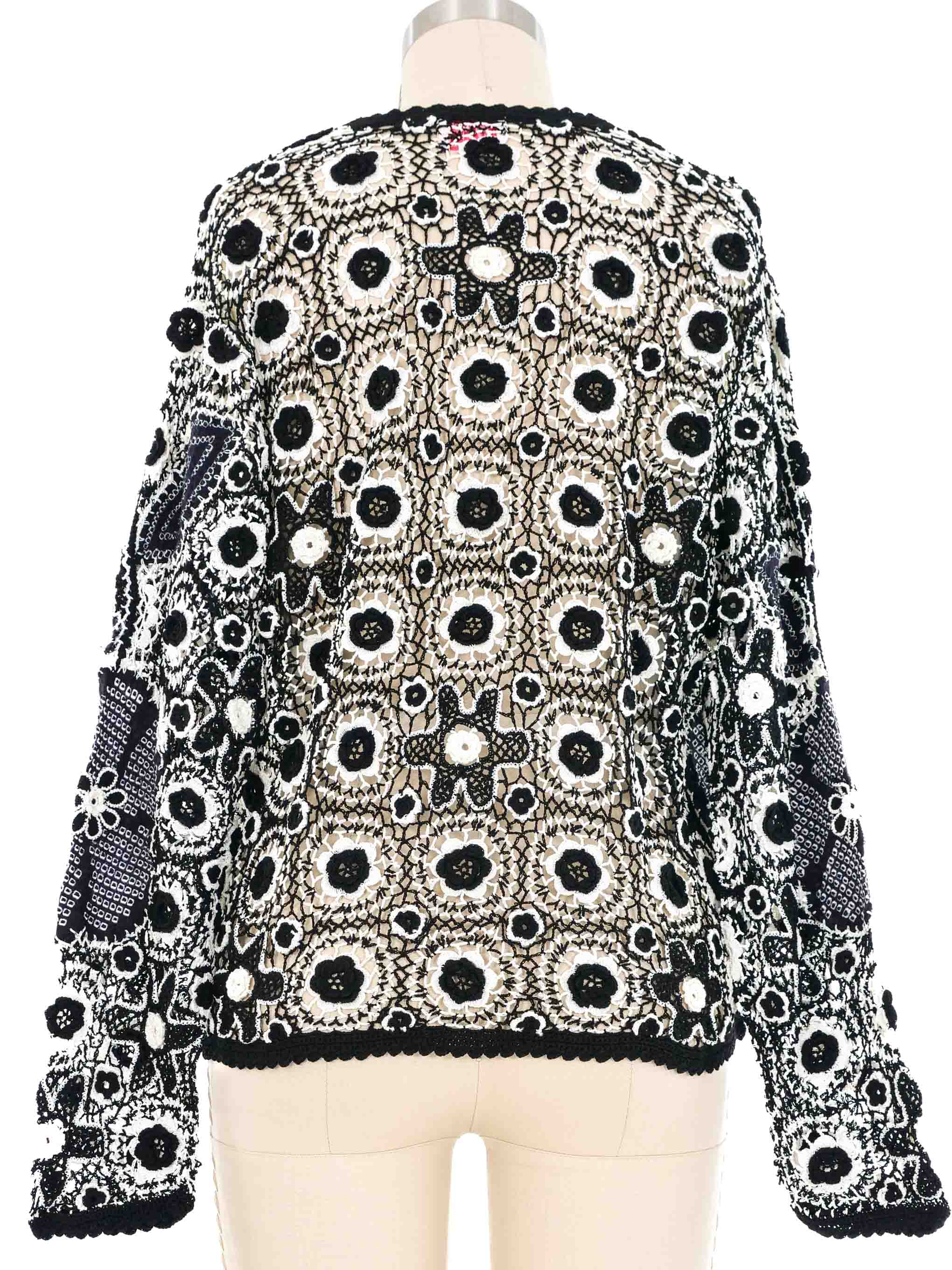 Black and White Shibori Applique Floral Crochet Top