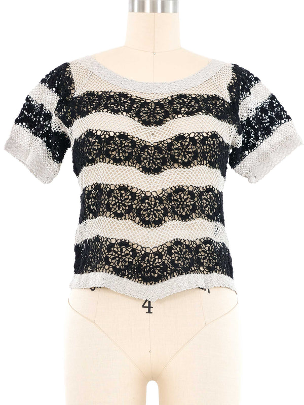 Black and Grey Striped Floral Crochet Top Top arcadeshops.com