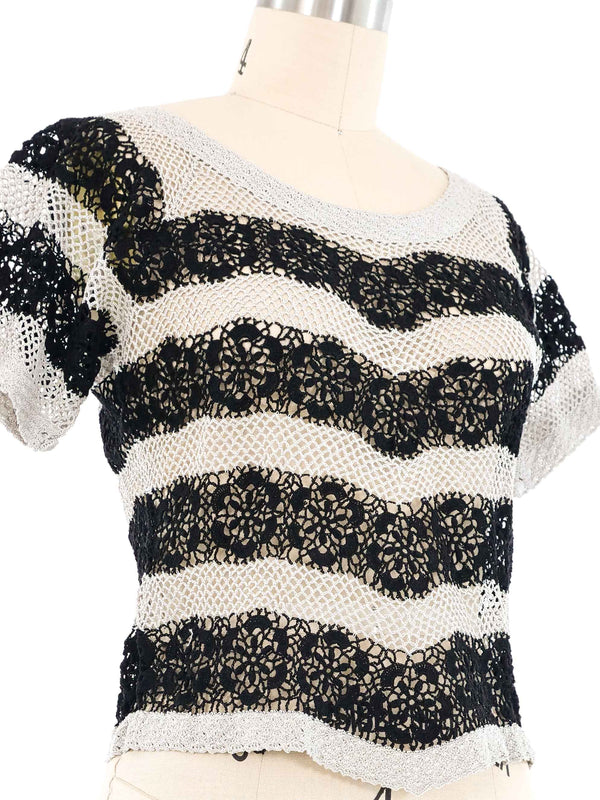 Black and Grey Striped Floral Crochet Top Top arcadeshops.com