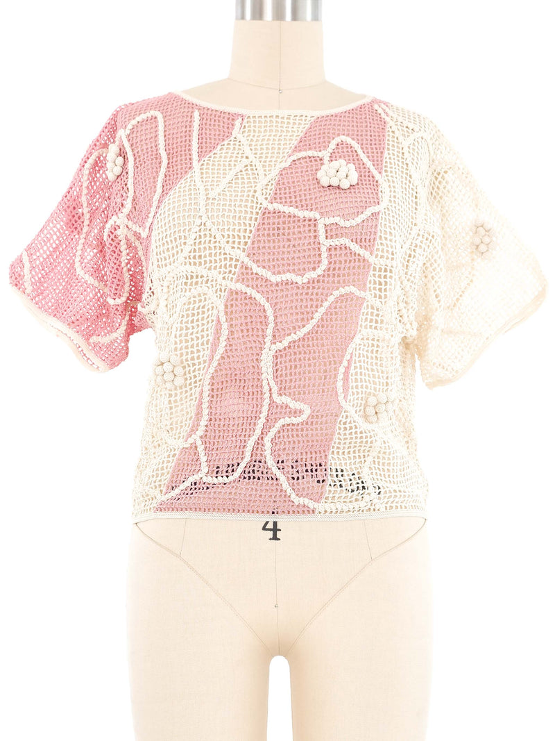 Pink and White Dimensional Crochet Top Top arcadeshops.com