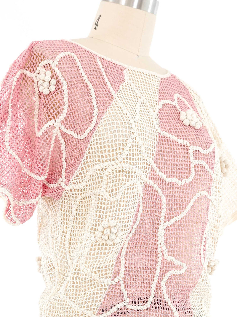 Pink and White Dimensional Crochet Top Top arcadeshops.com