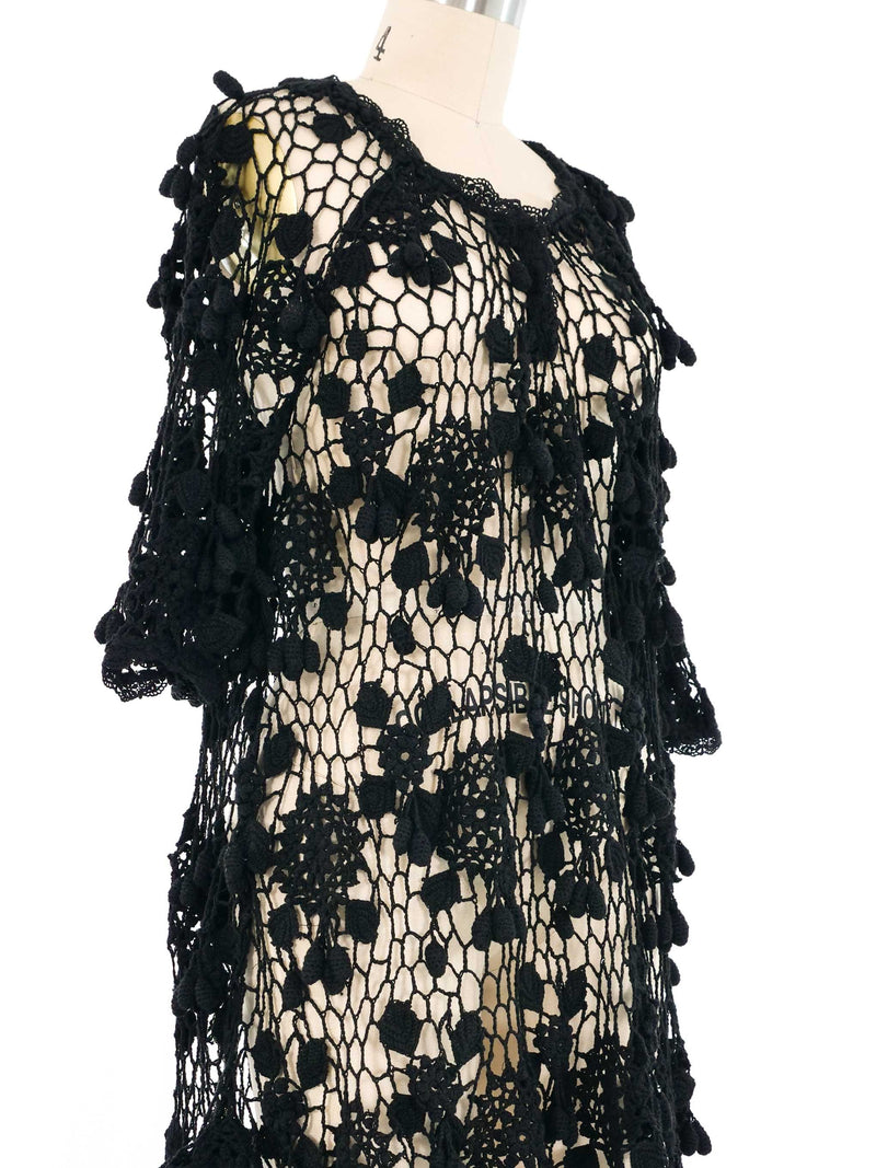 Black Floral Pom Pom Crochet Mini Dress Dress arcadeshops.com