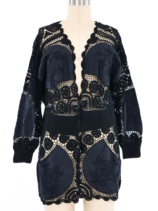 Black Rose Embroidered Cotton Crochet Jacket Jacket arcadeshops.com