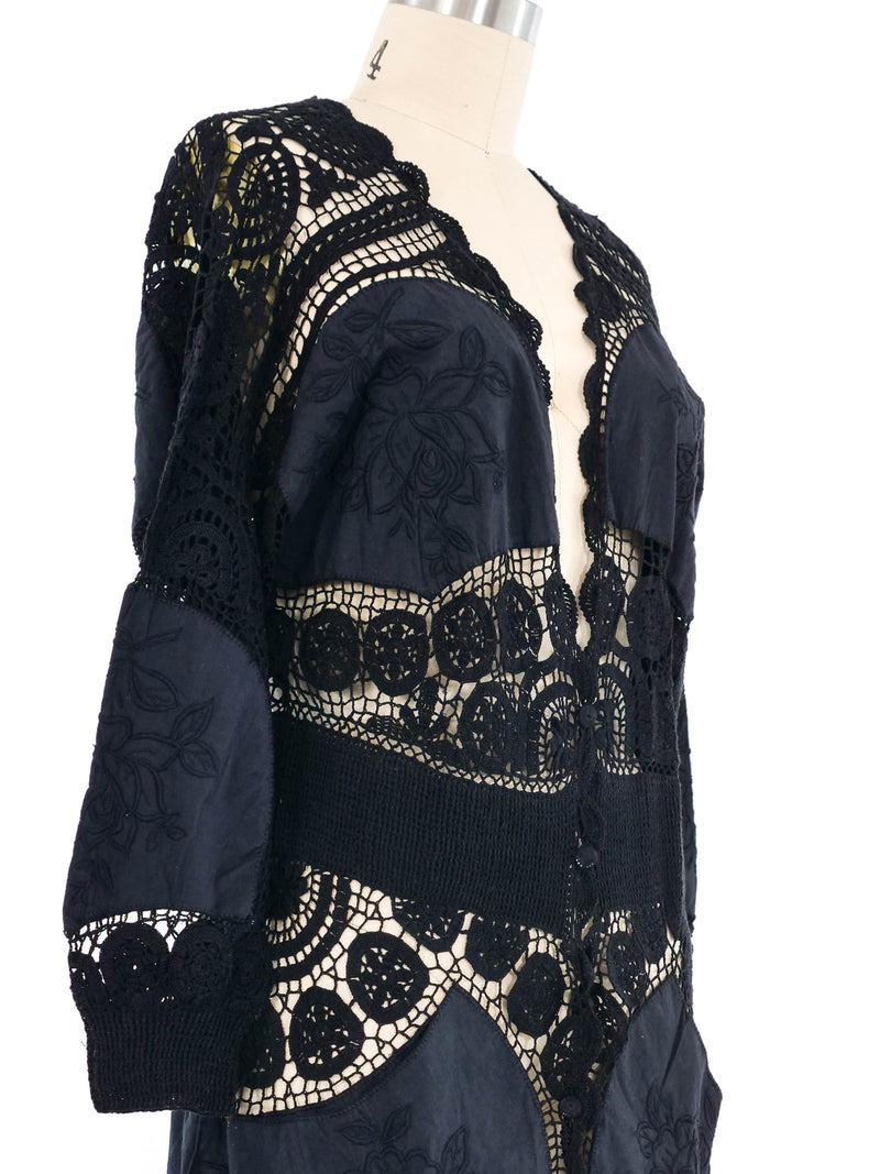 Black Rose Embroidered Cotton Crochet Jacket Jacket arcadeshops.com