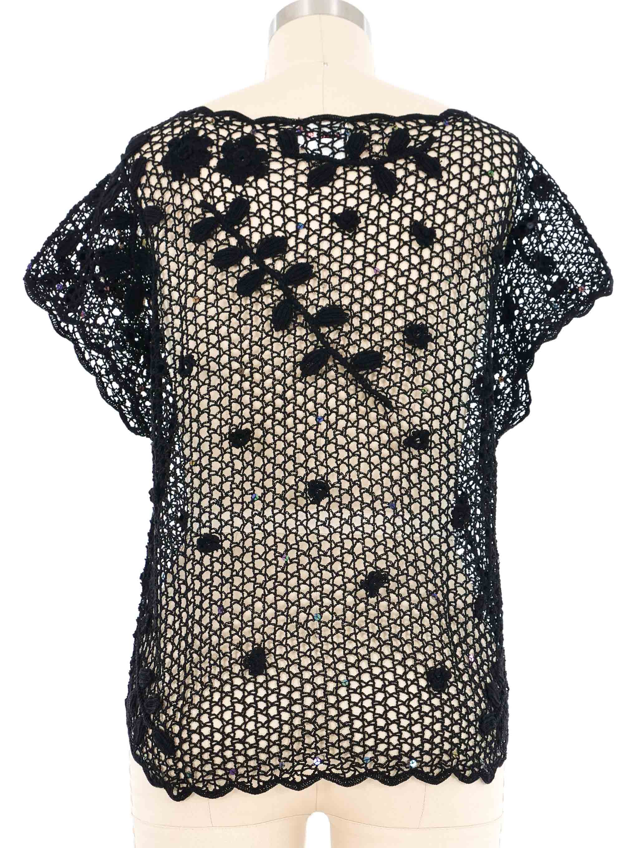 Black Floral Pearl Embellished Crochet Top