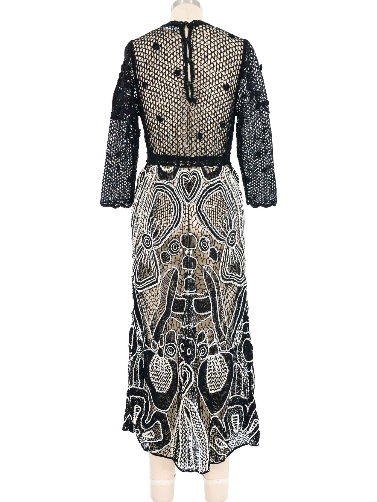 Black and White Floral Embellished Crochet Maxi Dress