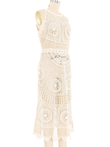 Cream Bateau Neck Sleeveless Crochet Midi Dress