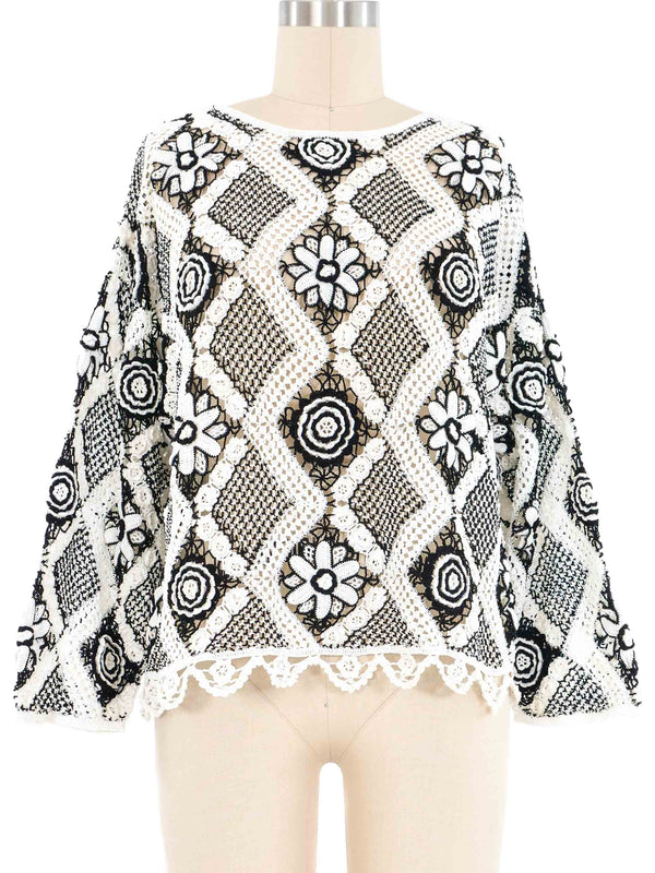 Black and White Floral Crochet Sweater Top arcadeshops.com