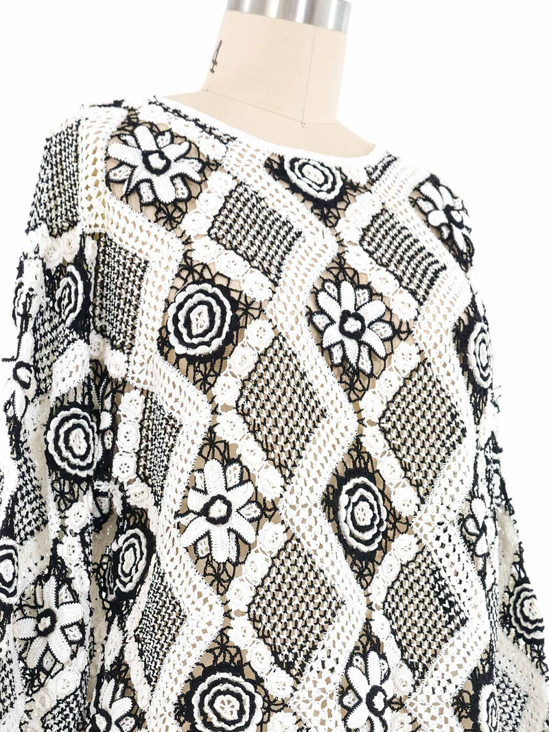 Black and White Floral Crochet Sweater Top arcadeshops.com